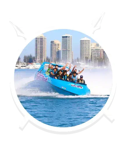 Blue Jet Boat with Group of People in Main Beach, QLD